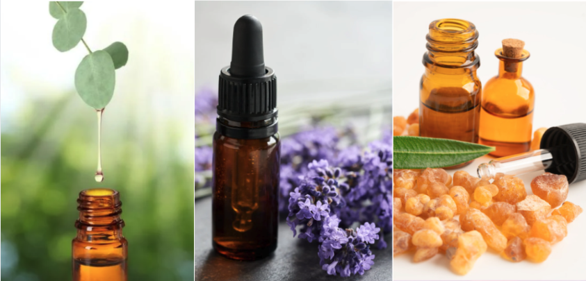 Eucalyptus essential oil, lavender essential oil, and frankincense essential oil