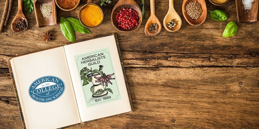 Herbs and Book with American Herbalists Guild and ACHS Logos