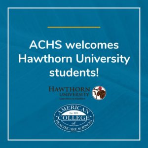blue box with welcome message and ACHS and Hawthorn University logos