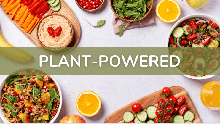 Colorful plant-based foods including salads, fresh fruits, vegetables, and juices arranged on white.