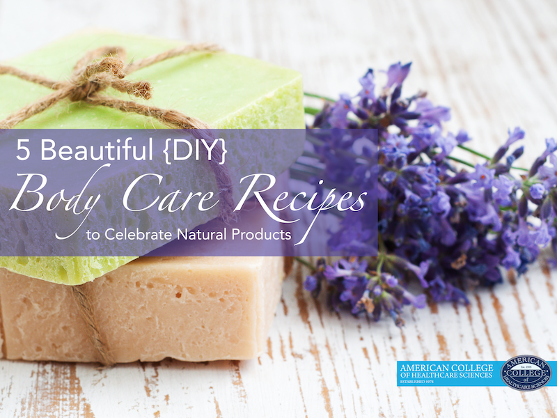 two bars of soap and sprigs of purple flowers sit on a wooden surface with "5 beautiful diy body care recipes" overlaid on top