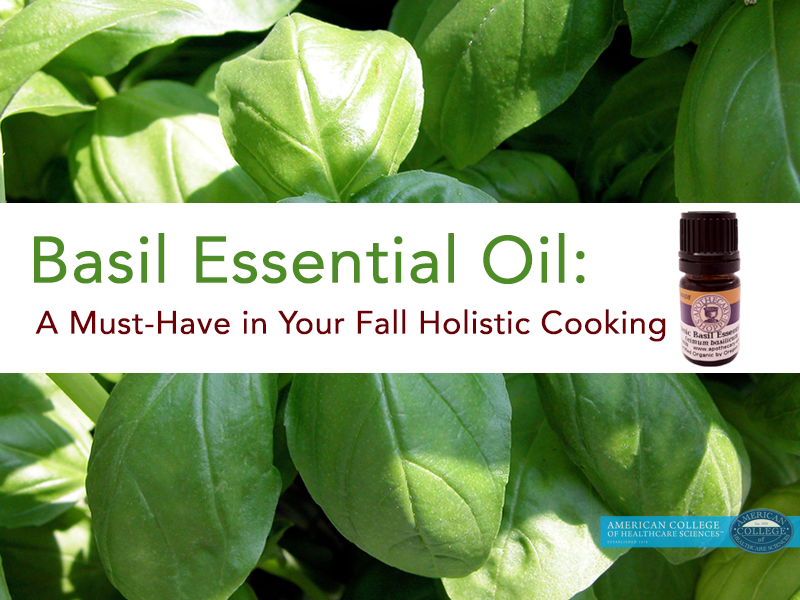 image of basil leaves with "basil essential oil: a must have in your fall holistic cooking" written on top of the image