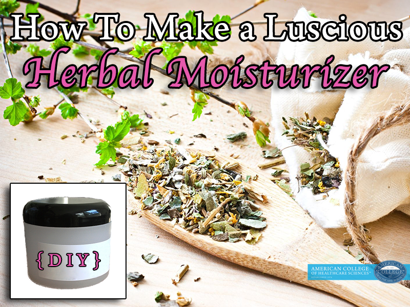 loose herbs on a wooden spoon laid on a wooden table, copy overlaid says "how to make a luscious herbal moisturizer"