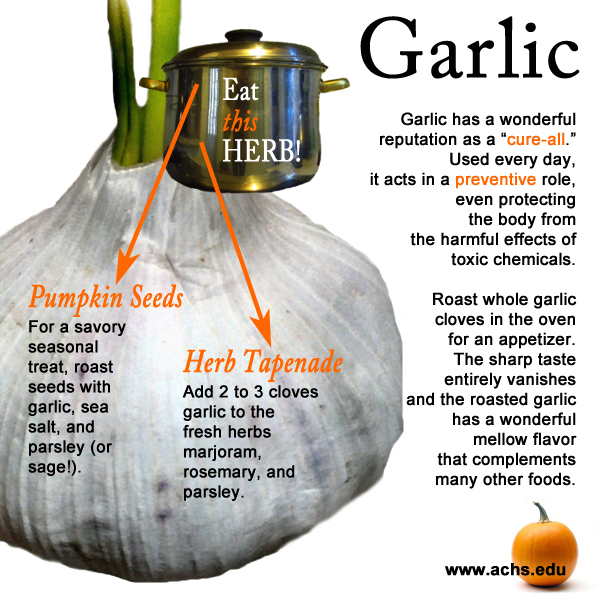 image collage of garlic, including tips on adding garlic to pumpkin seeds and how to make an herb tapenade