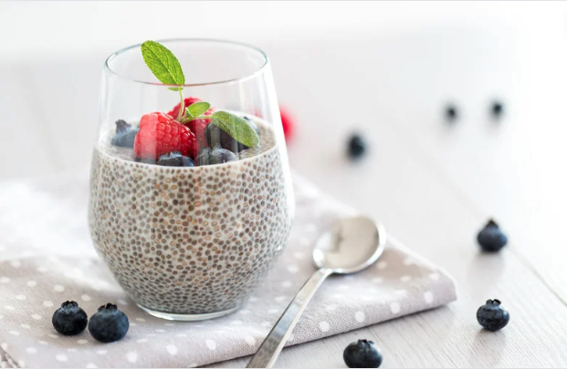 chia seed pudding garnished with berries