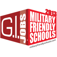 red and white logo showing "GI Jobs" and "Military Friendly School" for 2013