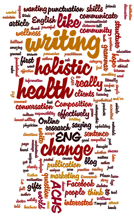 word collage in red and orange with words such as holistic, health, writing, change, ACHS, etc.