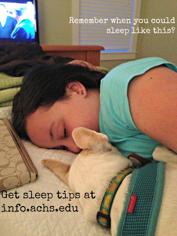 woman in blue tshirt sleeps face-down on a bed with a white dog