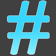 hashtag symbol in bright blue on a black background