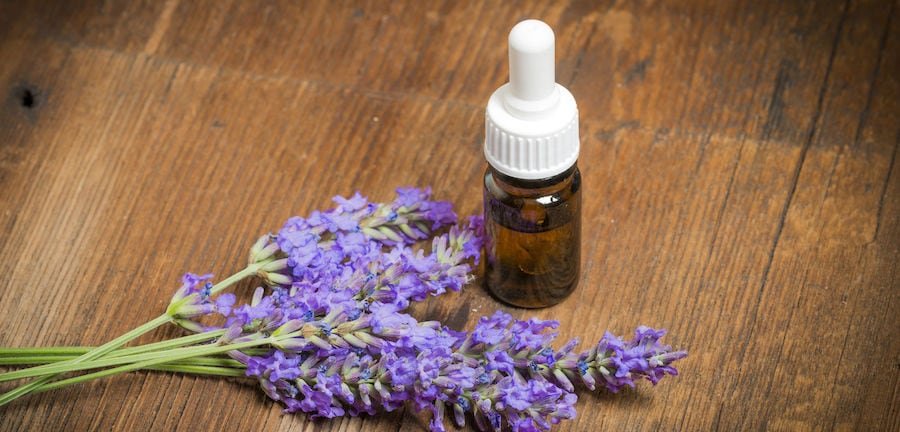 some sprigs of lavender sit on a wood table next to a small brown bottle with a white dropper top