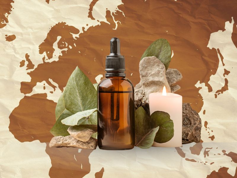 Essential oil bottle overlaying an ancient map