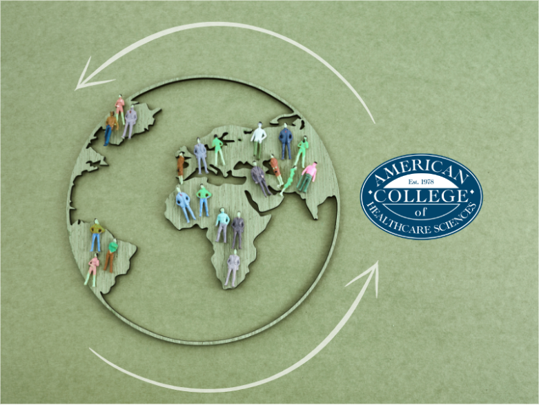 A map of the world with figures placed throughout the continents and the ACHS logo