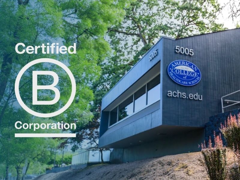 The ACHS Campus Building and B Corp Logo