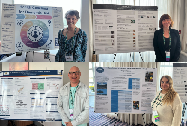 Pictured here left to right and top to bottom: ACHS students and graduates presenting their research for the 2025 HEALCon Poster Session: Bethany Cerella, Francesca Orlando, Dr. John Ramotowski, and Margaret Kotzalas.