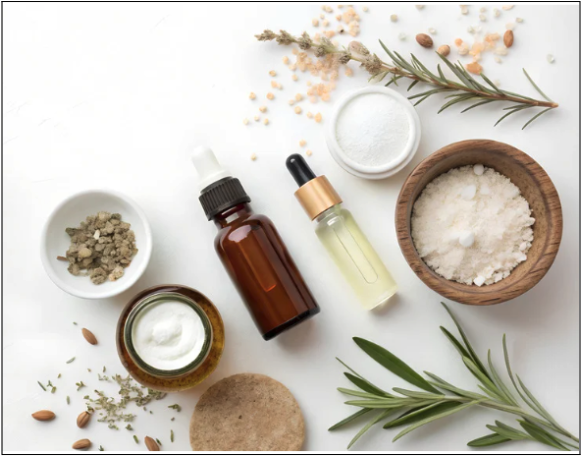essential oil bottles, herbs, and natural products