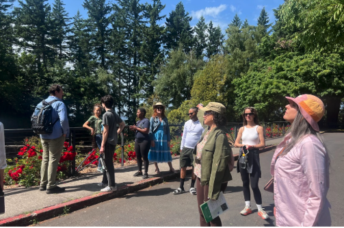 A group attends the ACHS botanical walk in Mt. Tabor Park