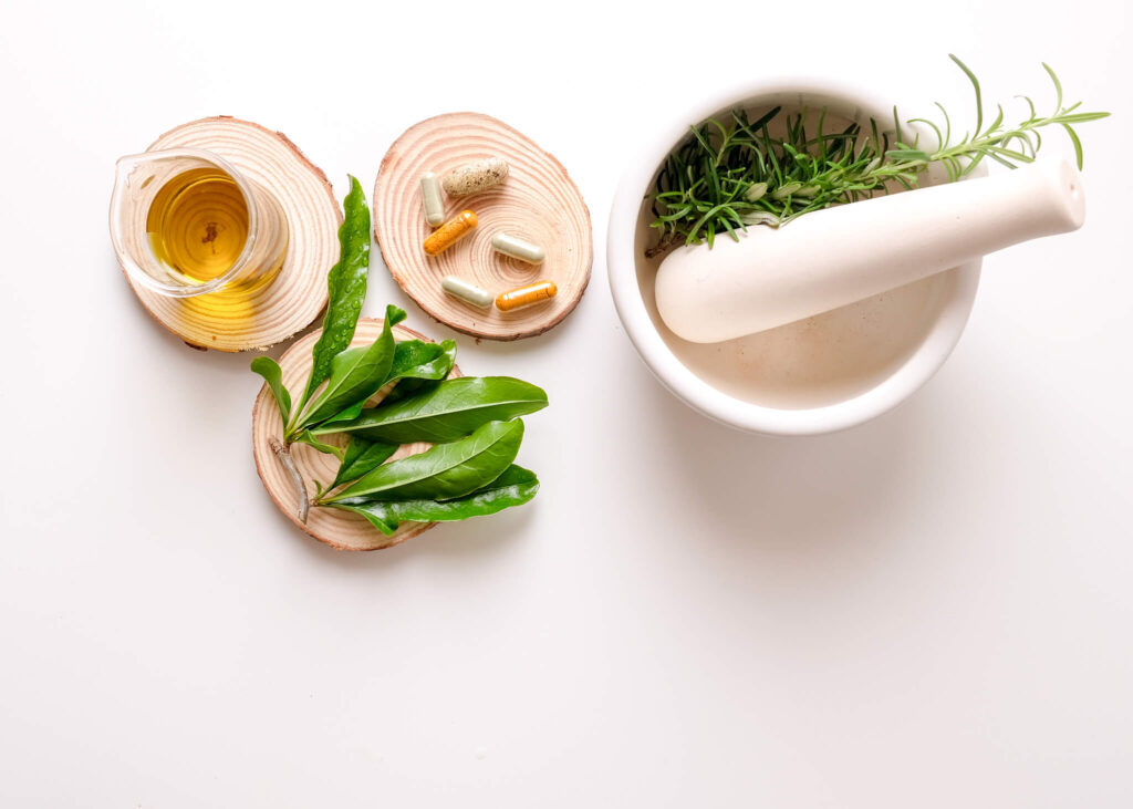 Herbal medicine with organic natural herb in the laboratory with oil capsule. food nutrition healthy and wellness. Alternative herb medicine with herbal the organic natural in the laboratory. oil capsule, natural organic.