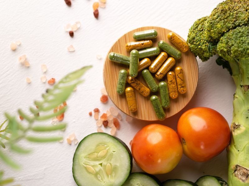 Green and brown supplement capsules next to a stalk of broccoli, tomatoes, and cucumber slices