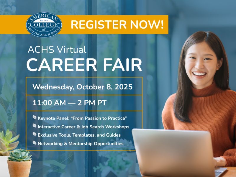 ACHS virtual career fair graphic, highlighting online job opportunities and professional networking for participants.