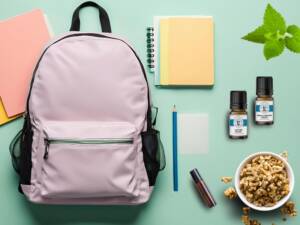 pink backpack, school supplies, essential oils, and granola
