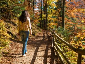 A woman walks through a forest on a path in autumn