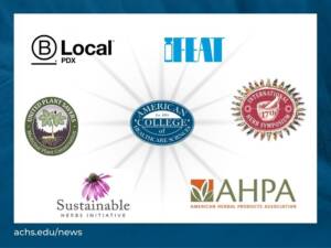 Logos for ACHS, IFEAT, B Corp Local, International Herb Symposium, American Herbal Products Association, Sustainable Herbs Initiative, and United Plant Savers