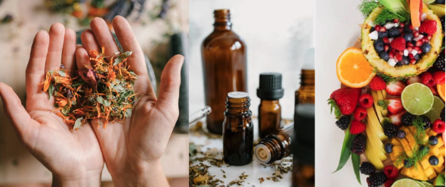 Hands holding herbs, essential oils, and fruits and vegetables
