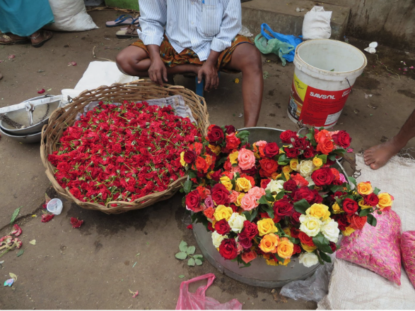 A person with baskets of roses