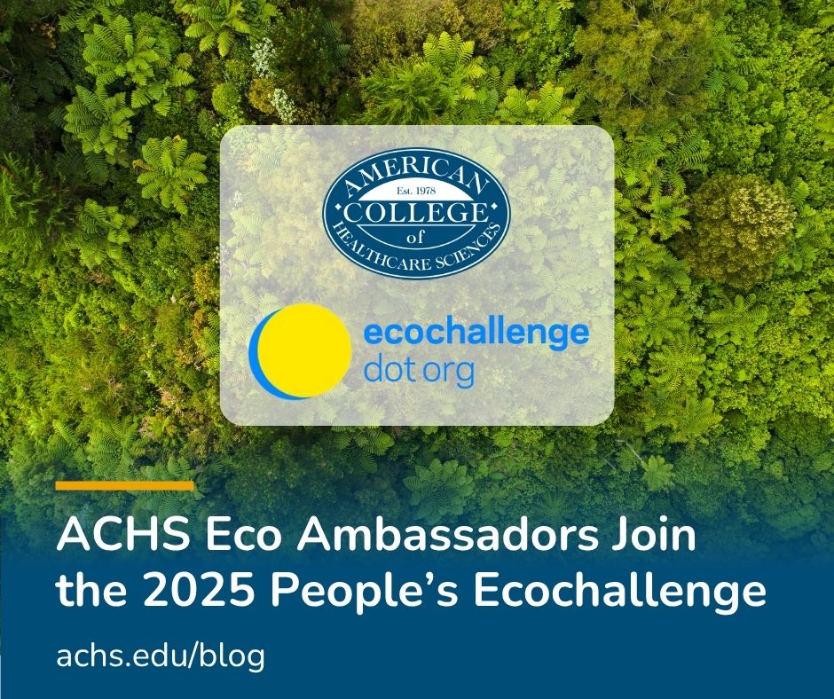 An aerial view of a green forest and the ecochallenge.org logo