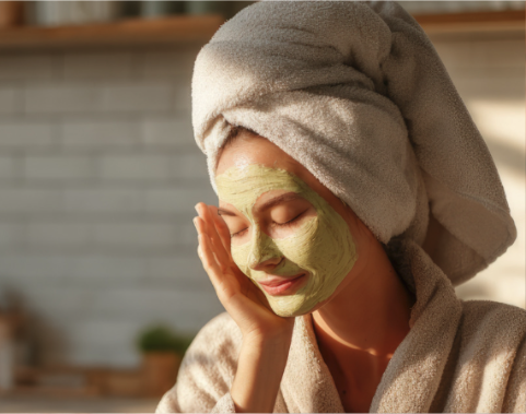 A woman putting on an avocado face mask