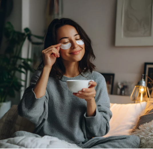 A woman in bed with tea applying eye masks 