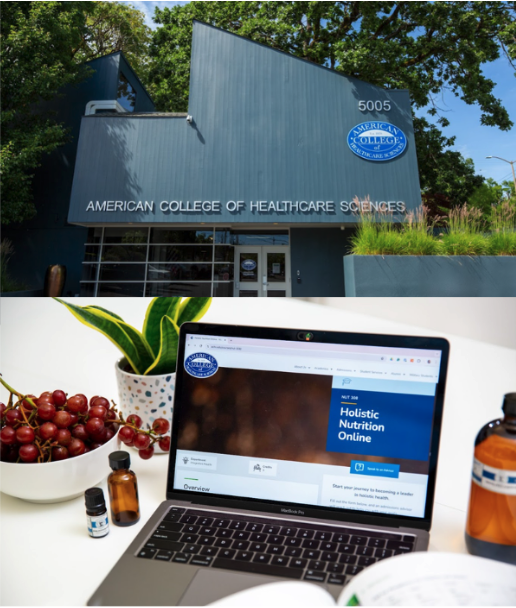 The ACHS campus building in Portland, Oregon, and ACHS online Holistic Nutrition Programs web page.