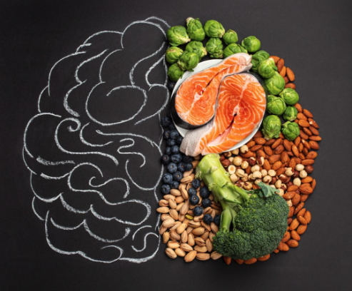 image of a brain partially made of food