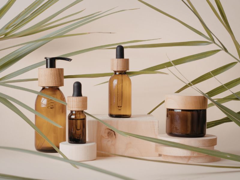 Amber bottles of oil and natural skin products