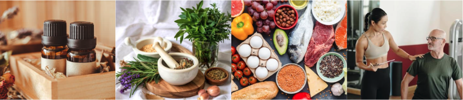 essential oil bottles, herbs in a crucible, nutritious foods, a wellness coach and client