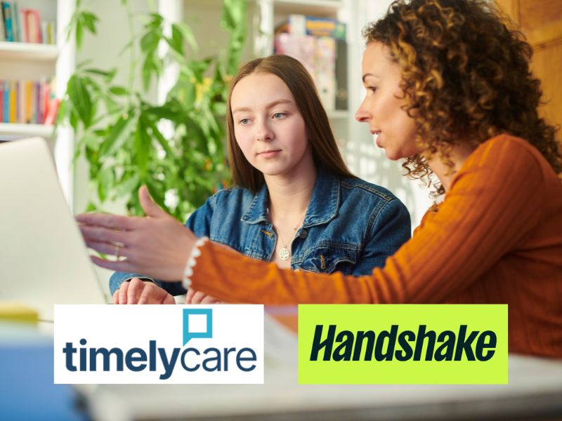 Two women working at a computer, the TimelyCare logo and the Handshake logo
