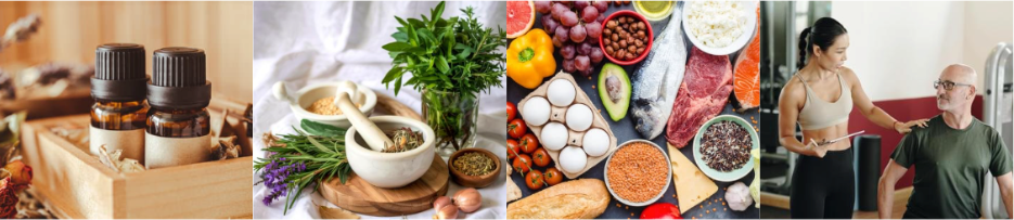 essential oil bottles, herbs in a crucible, nutritious foods, a wellness coach and client