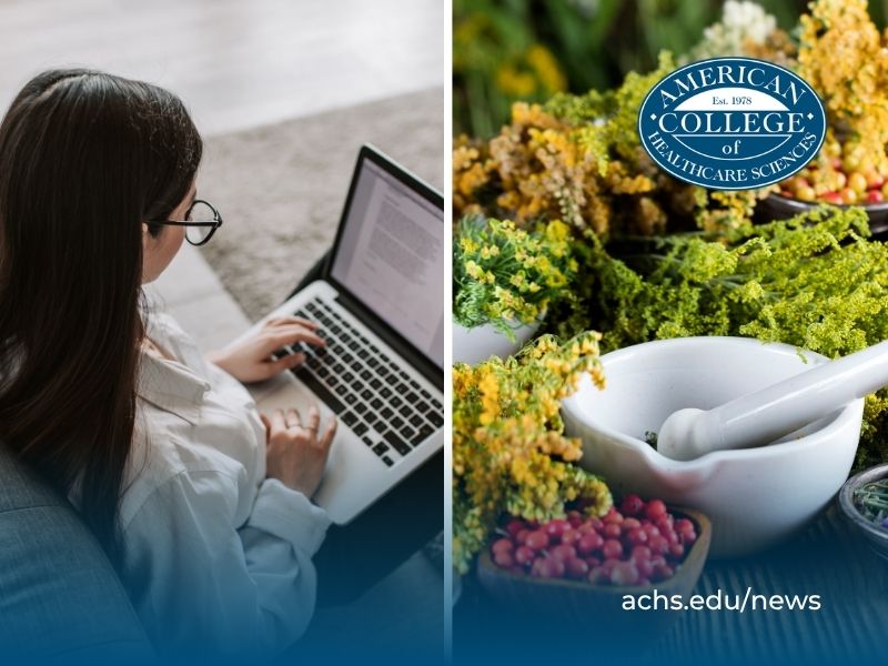 A woman working on a laptop and a mortar and pestle with herbs