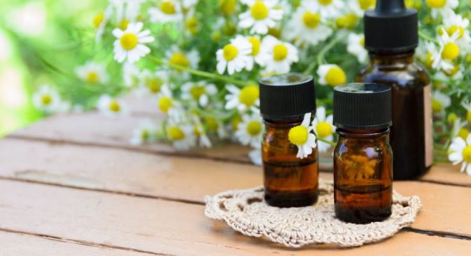 40391542 - essential oils with chamomile for aromatherapy treatment