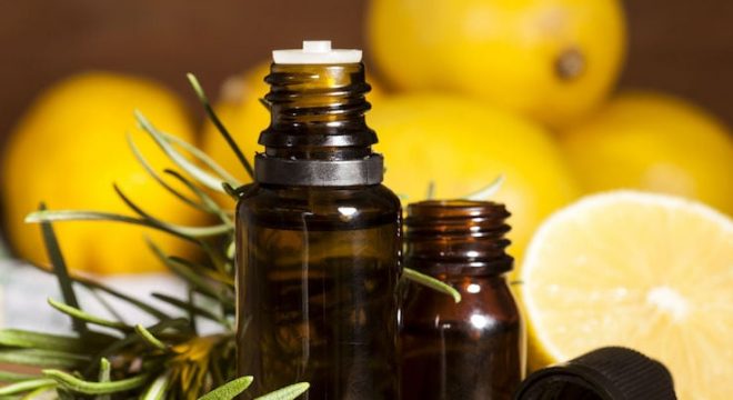 50273267 - lemon essential oil, lemon fruit and rosemary on wooden background