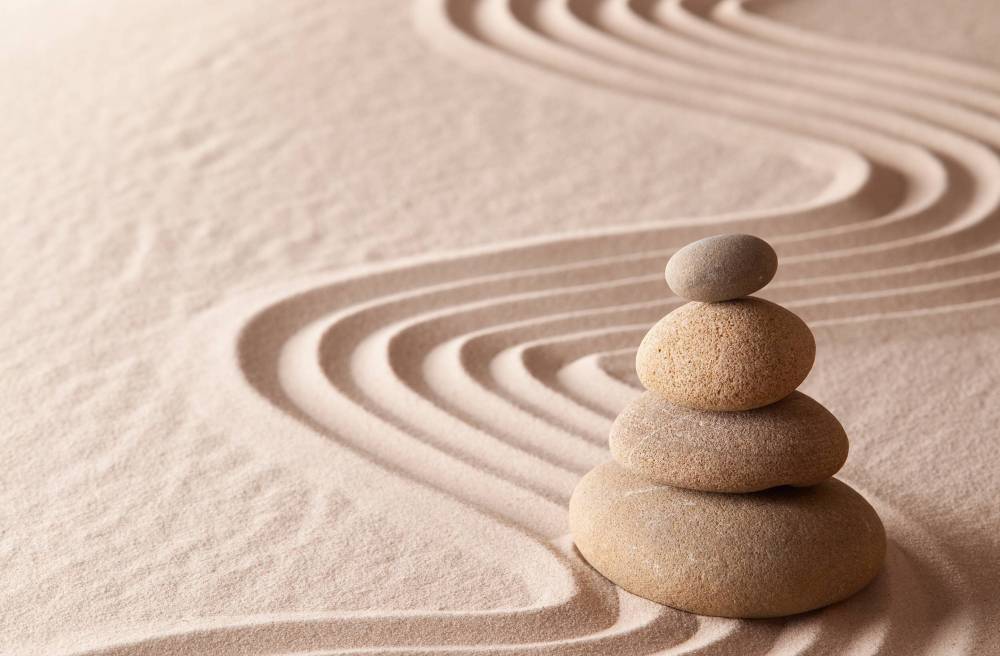 zen meditation garden, relaxation and meditation through symplicity harmony and balancce lead to health and wellness, spirituality and concentration background with copy space
