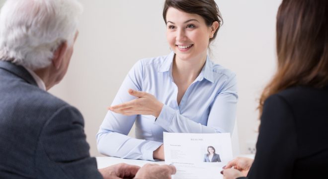 Human-resources-team-during-job-interview-with-woman