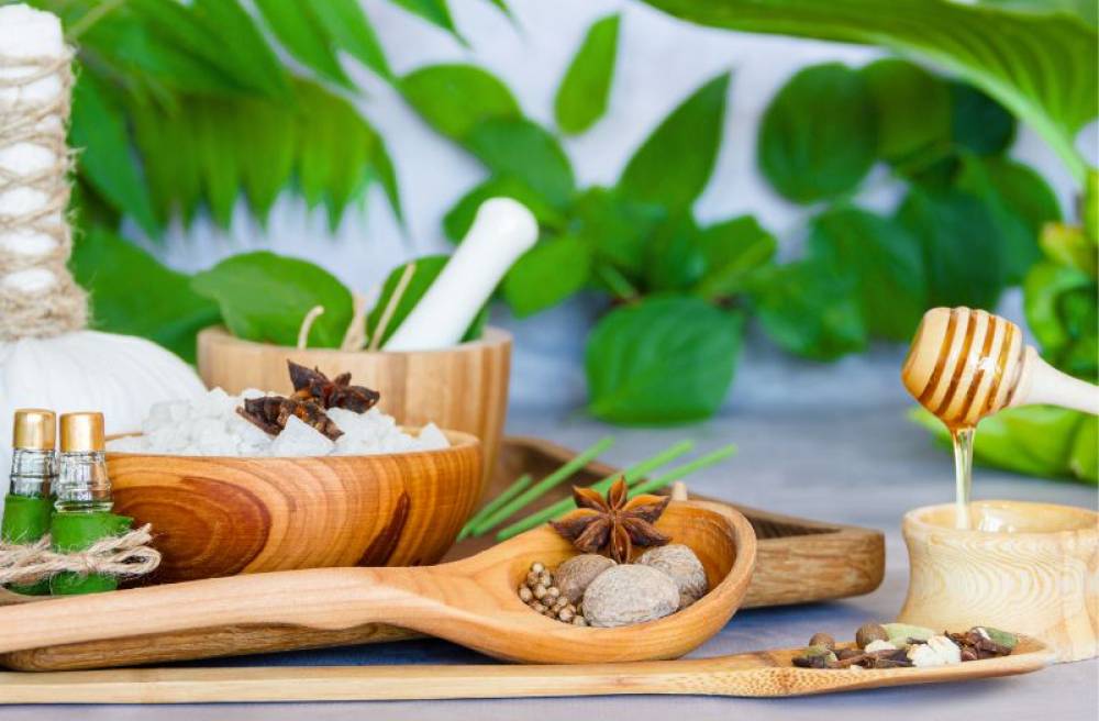 Wooden bowls of herbs and spices with a mortar and pestle, sea salt, and honey representing traditional herbal medicine.