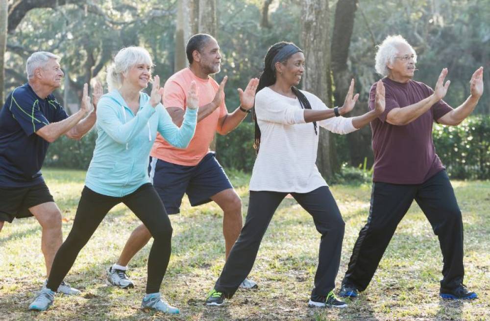Diverse group of older adults practicing tai chi outdoors in a wooded park.