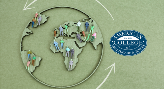 A map of the world with figures placed throughout the continents and the ACHS logo