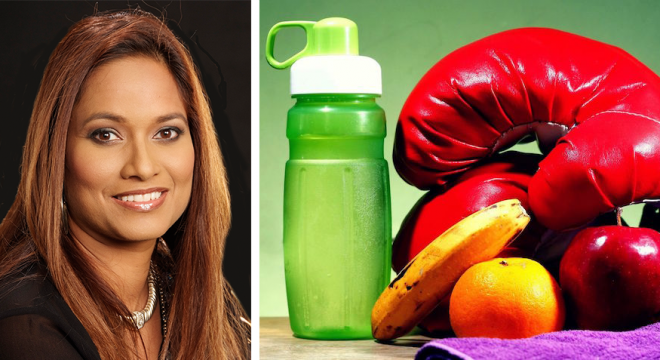 a woman with long dark hairs image is beside a separate image of a green water bottle on a table next to fruit and boxing gloves