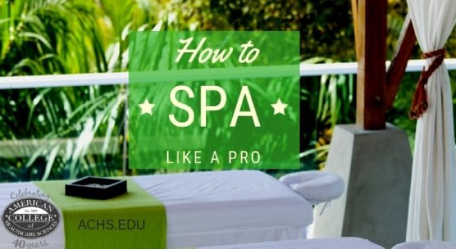 an image of a massage table in an outdoor setting. the copy overlaid says "how to spa like a pro"