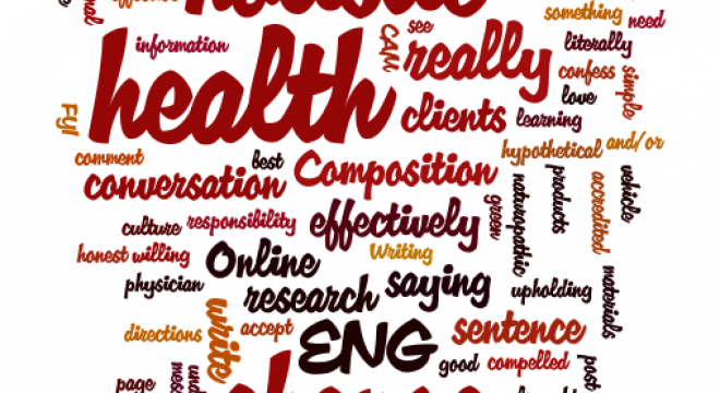 word collage in red and orange with words such as holistic, health, writing, change, ACHS, etc.