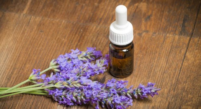 some sprigs of lavender sit on a wood table next to a small brown bottle with a white dropper top